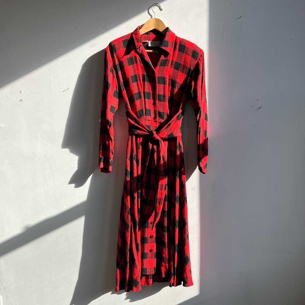 Vintage 80s 90s Red Buffalo Plaid Flannel Midi Dress Ann Tjian For Kenar Rayon